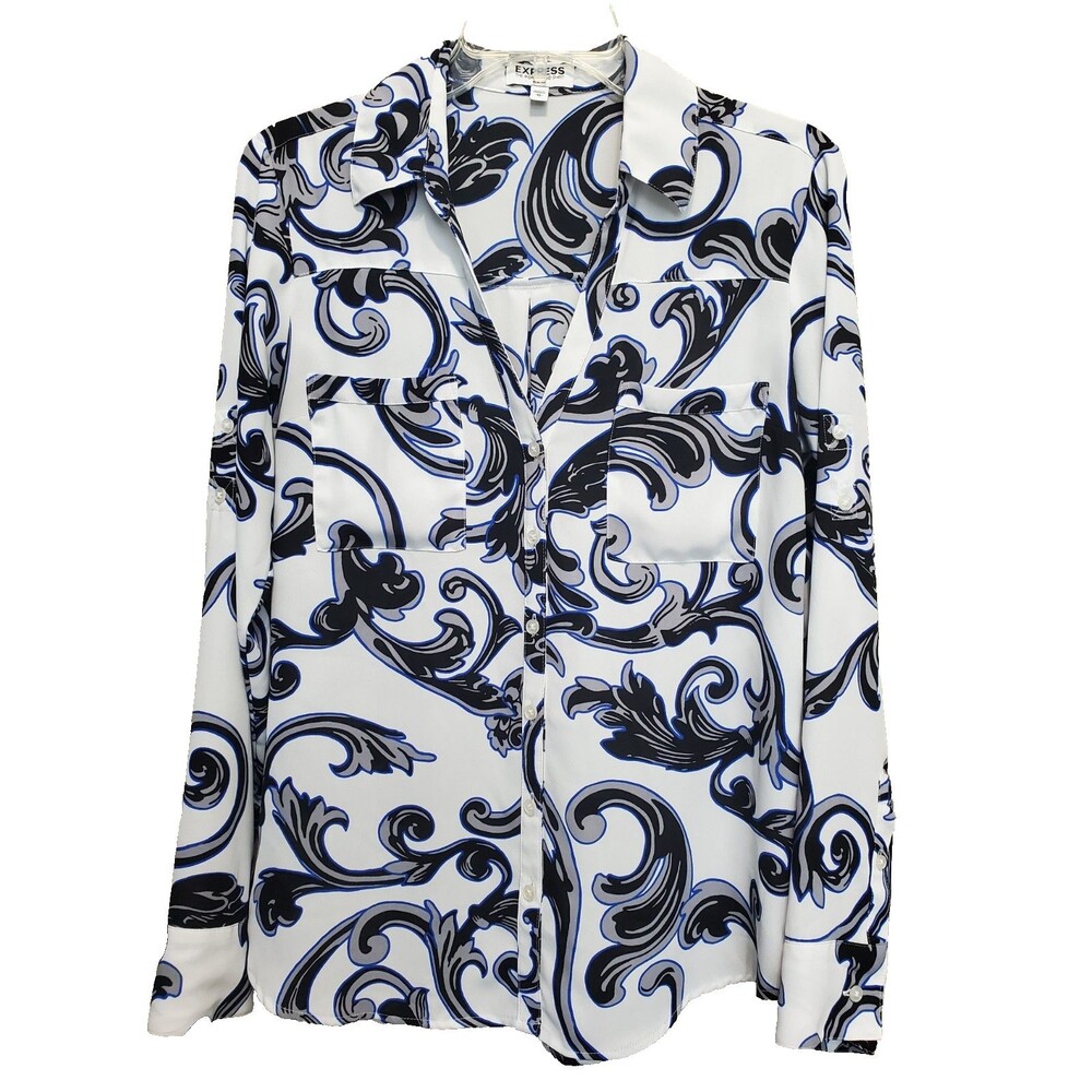 Express Portofino Slim Fit Scroll Print Roll-Tab Sleeve Button-Up Shirt Size MED